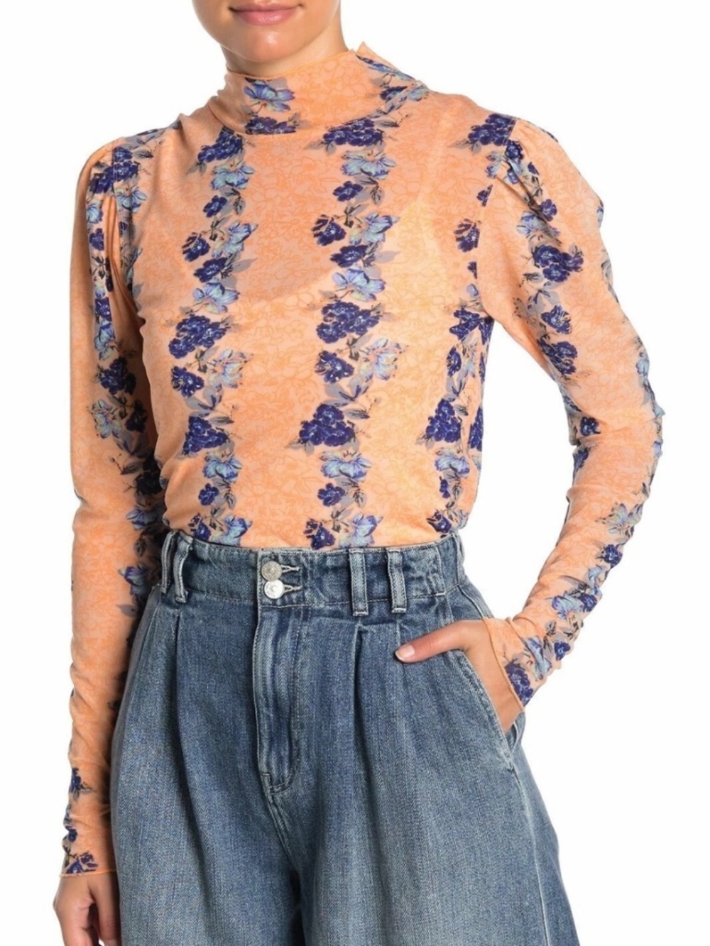 Free People Size XS Coral Floral High Neck Mesh Top Long-Sleeve Sheer Boho